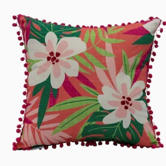 Tropical Flower Accent Pillow With Pom Pom… - Picture 1 of 2
